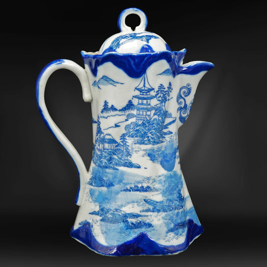 Antique English Flow Blue Transferware Chinoiserie Chocolate Pot with Pagoda - Bear and Raven Antiques