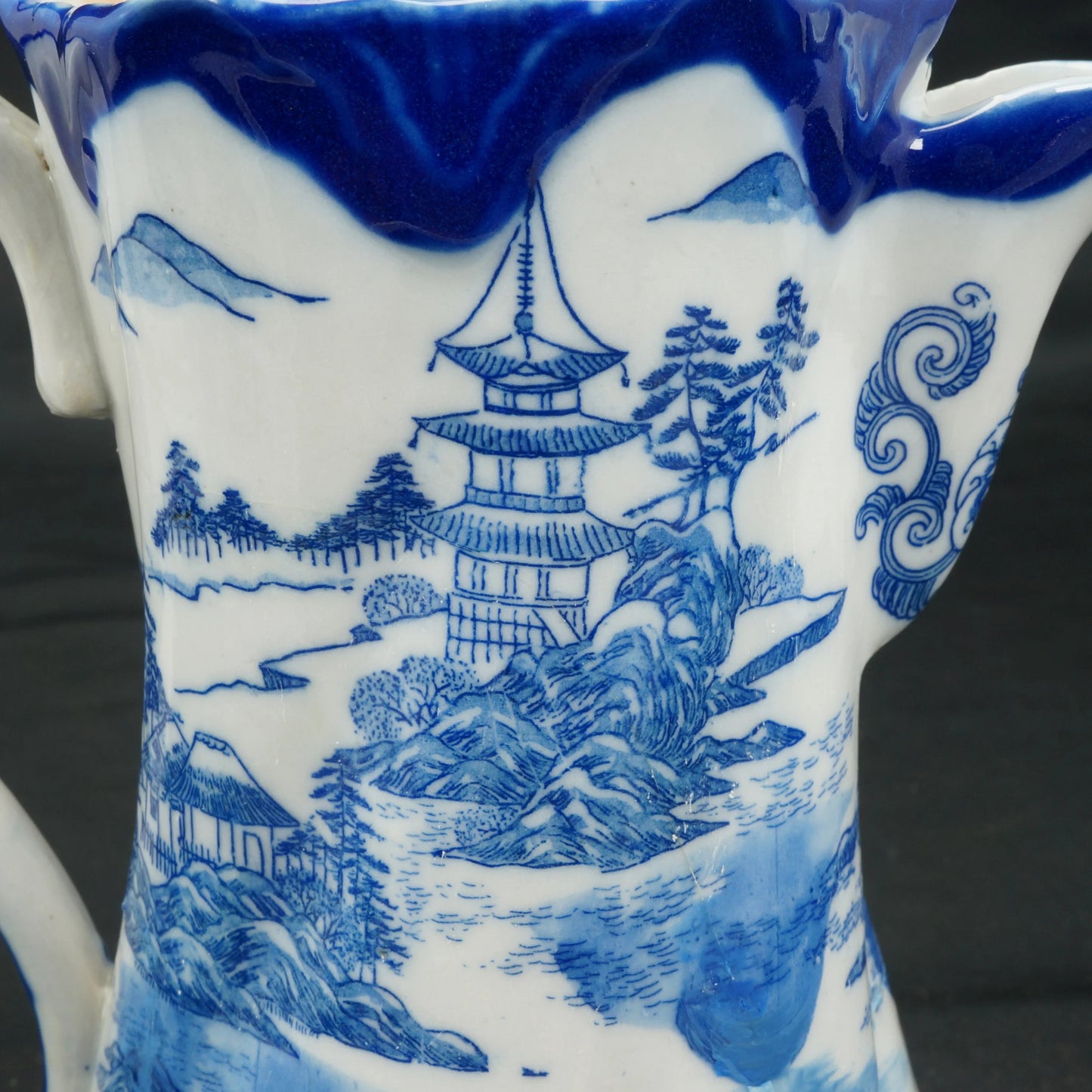 Antique English Flow Blue Transferware Chinoiserie Chocolate Pot with Pagoda - Bear and Raven Antiques