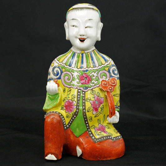 Chinese Qing Polychrome Jos Stick Holder Boy Kneeling 19th Century - Bear and Raven Antiques
