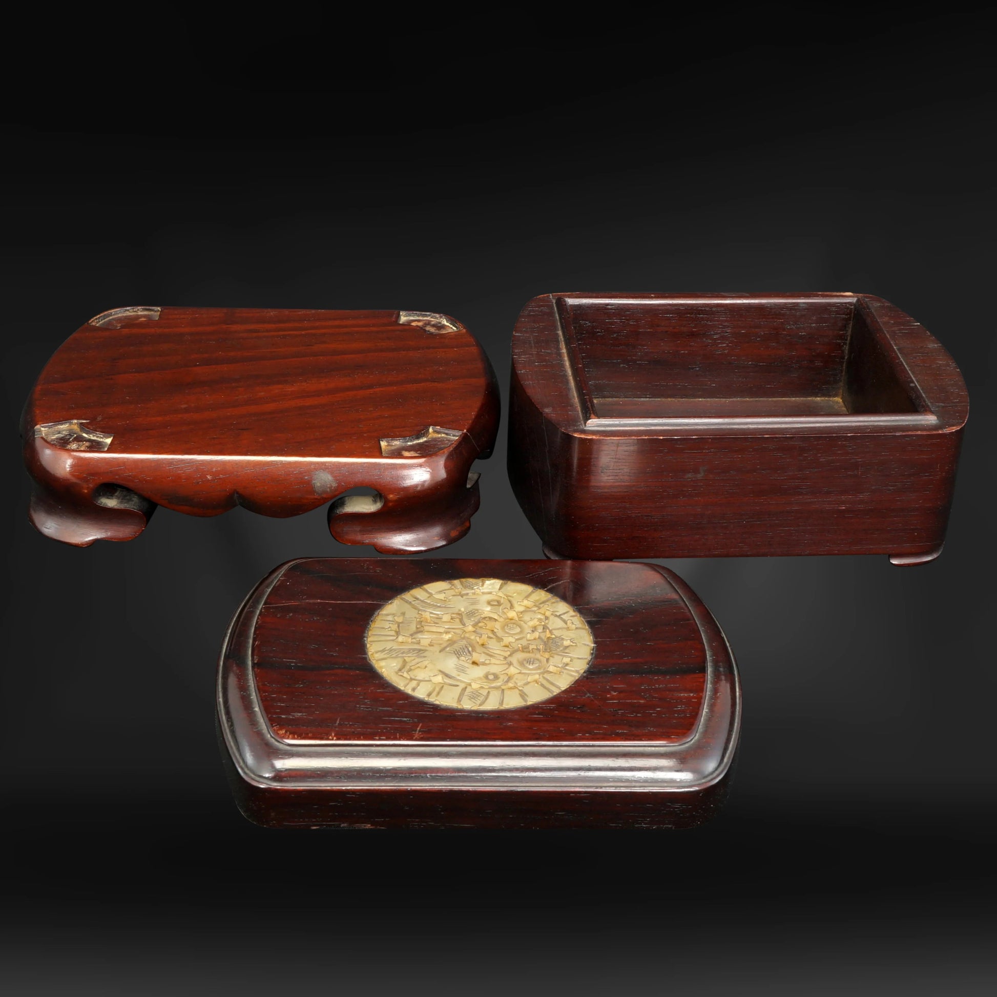 Chinese Rosewood and Hardstone 3 Piece Box Republic Period - Bear and Raven Antiques