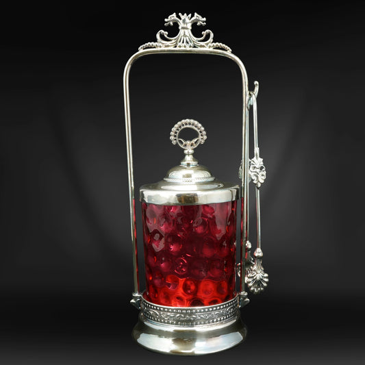 Cranberry Thumbnail Glass Poole Silverplate Pickle Caster - Bear and Raven Antiques