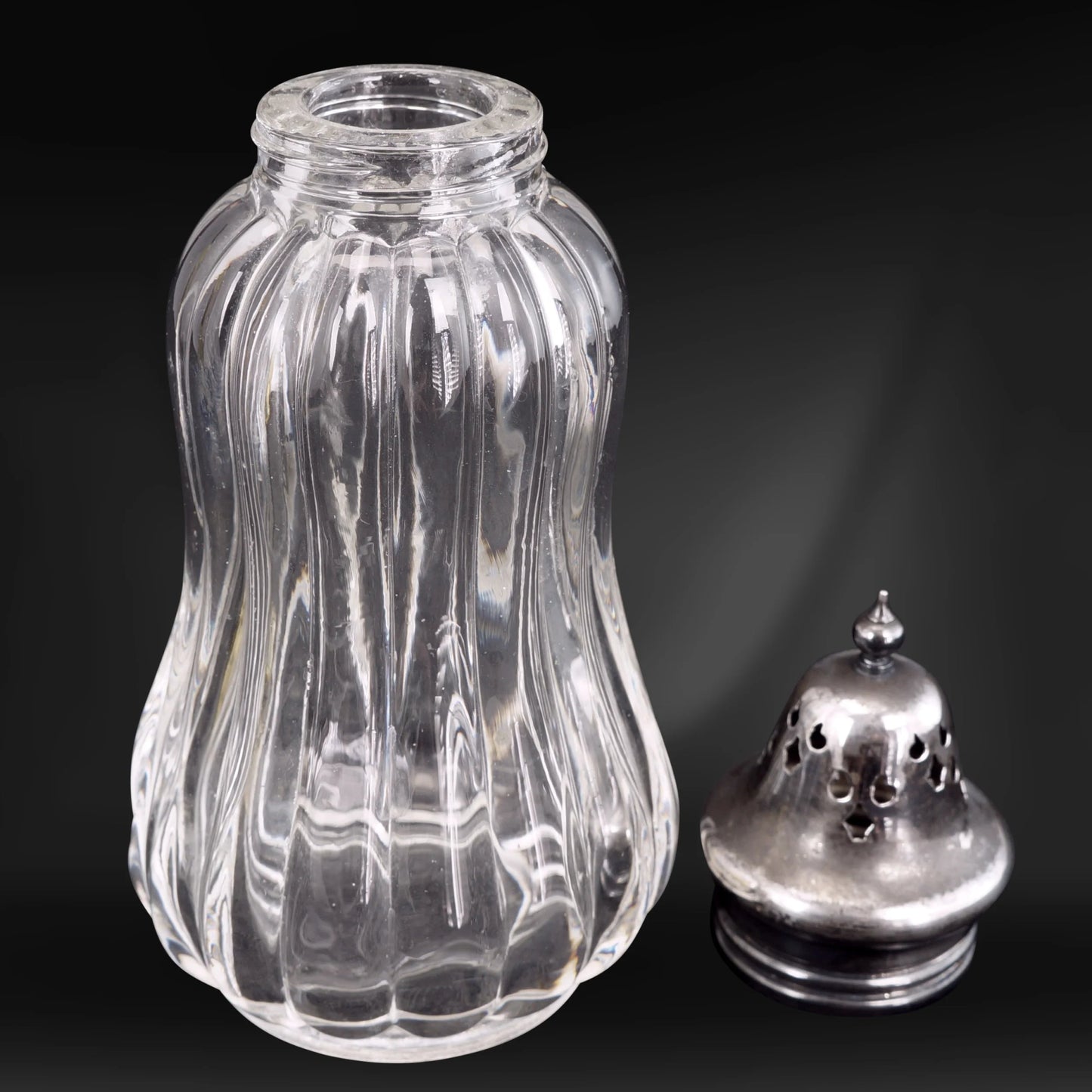English Silverplate and Glass Sugar Shaker Circa 1930 - Bear and Raven Antiques