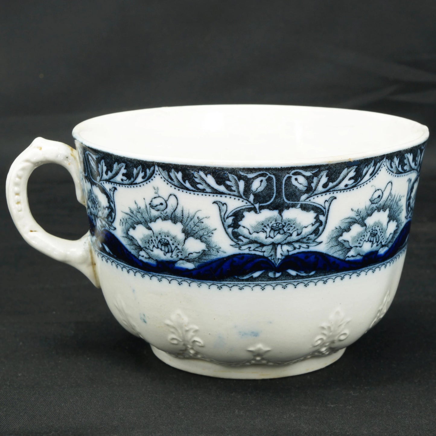 Large Antique Molded Staffordshire Transferware Teacup and Saucer - Bear and Raven Antiques