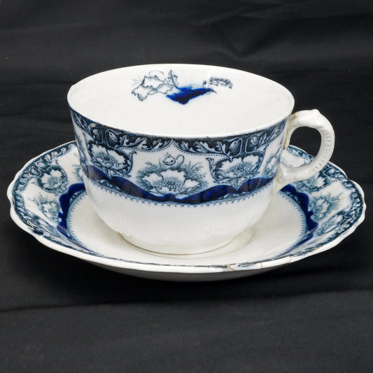 Large Antique Molded Staffordshire Transferware Teacup and Saucer - Bear and Raven Antiques