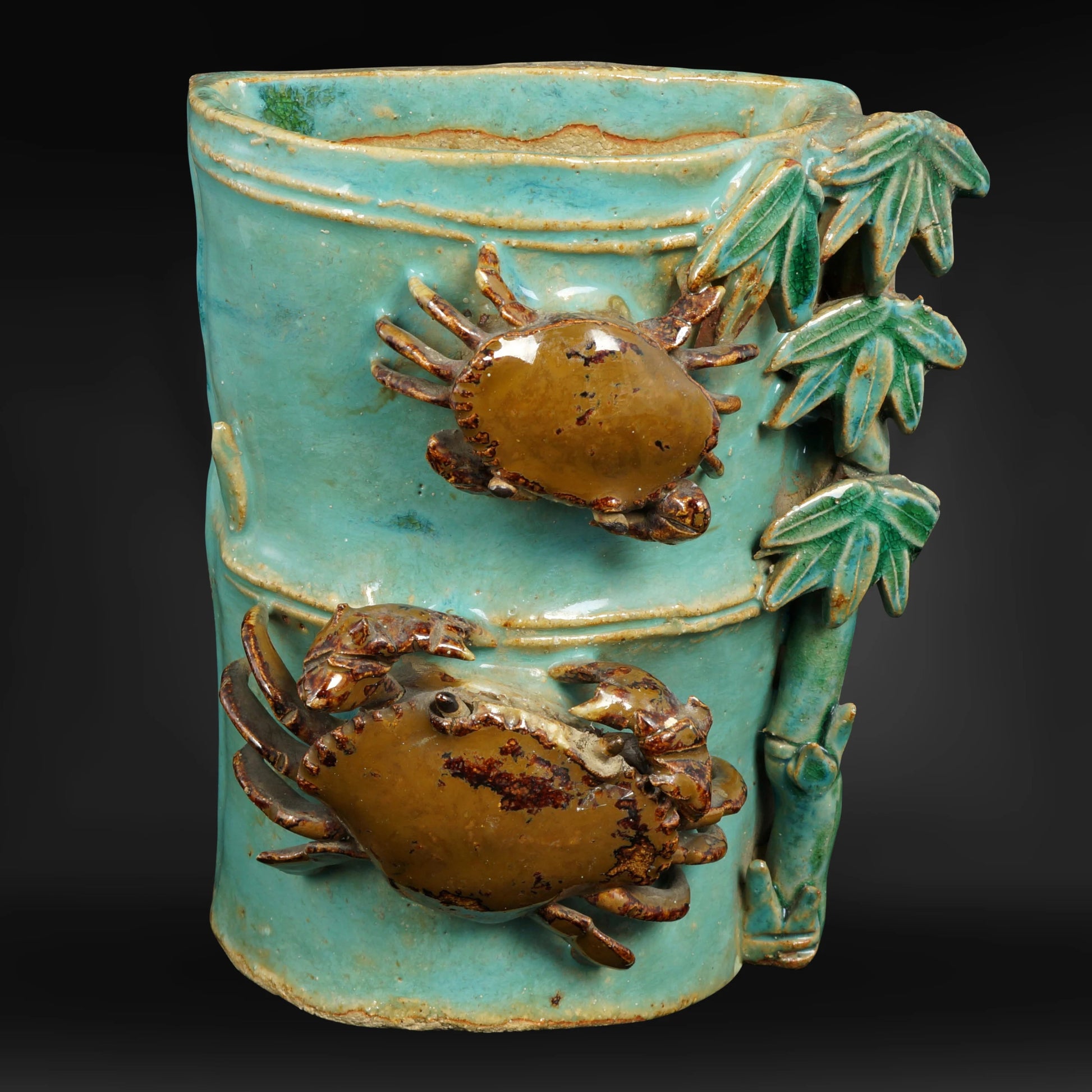 Pair Chinese Shiwan Crab Wall Pockets Circa 1900 - Bear and Raven Antiques