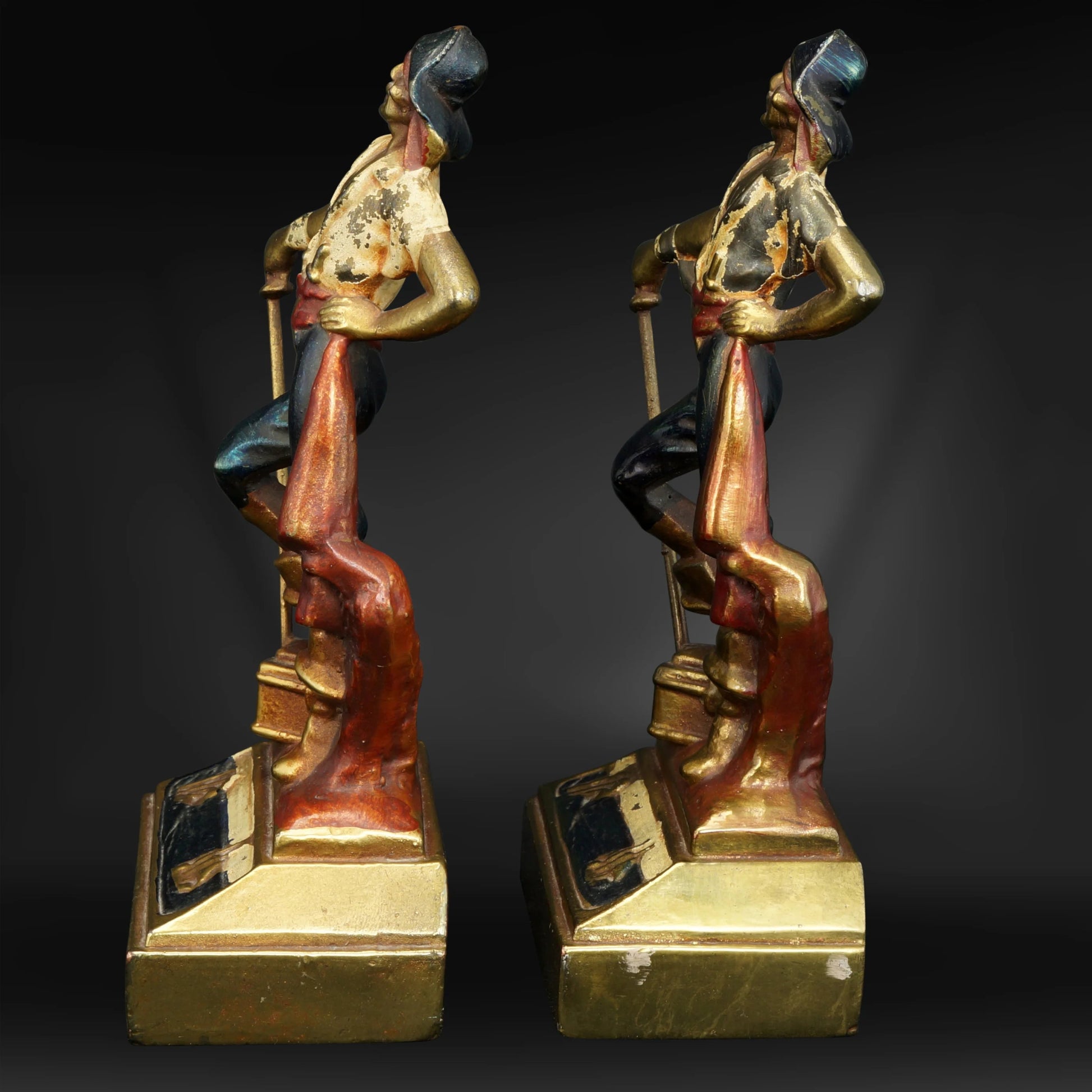 Pair Pompeian Bronze Plated and Enameled Pirate Bookends Circa 1925 - Bear and Raven Antiques
