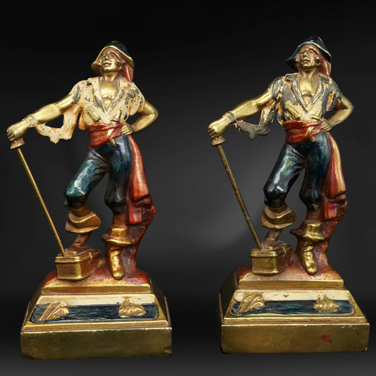 Pair Pompeian Bronze Plated and Enameled Pirate Bookends Circa 1925 - Bear and Raven Antiques