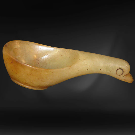 Vintage Chinese Archaic-style Yellow Jade Spoon with Gooseneck Handle - Bear and Raven Antiques