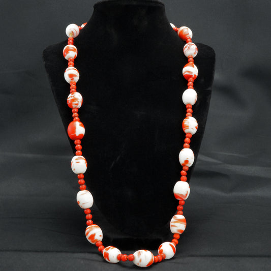 Venetian Red and White Glass Trade Bead Necklace Late 19th Century.