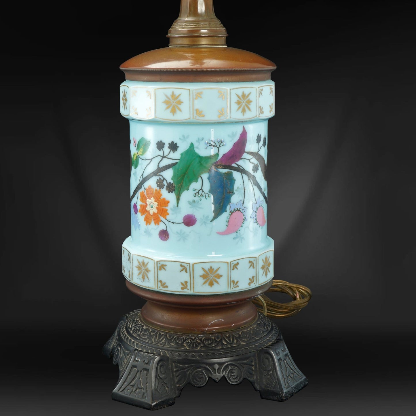 Aesthetic Movement Bristol Glass Electrified Oil Lamp Circa 1870 - Bear and Raven Antiques