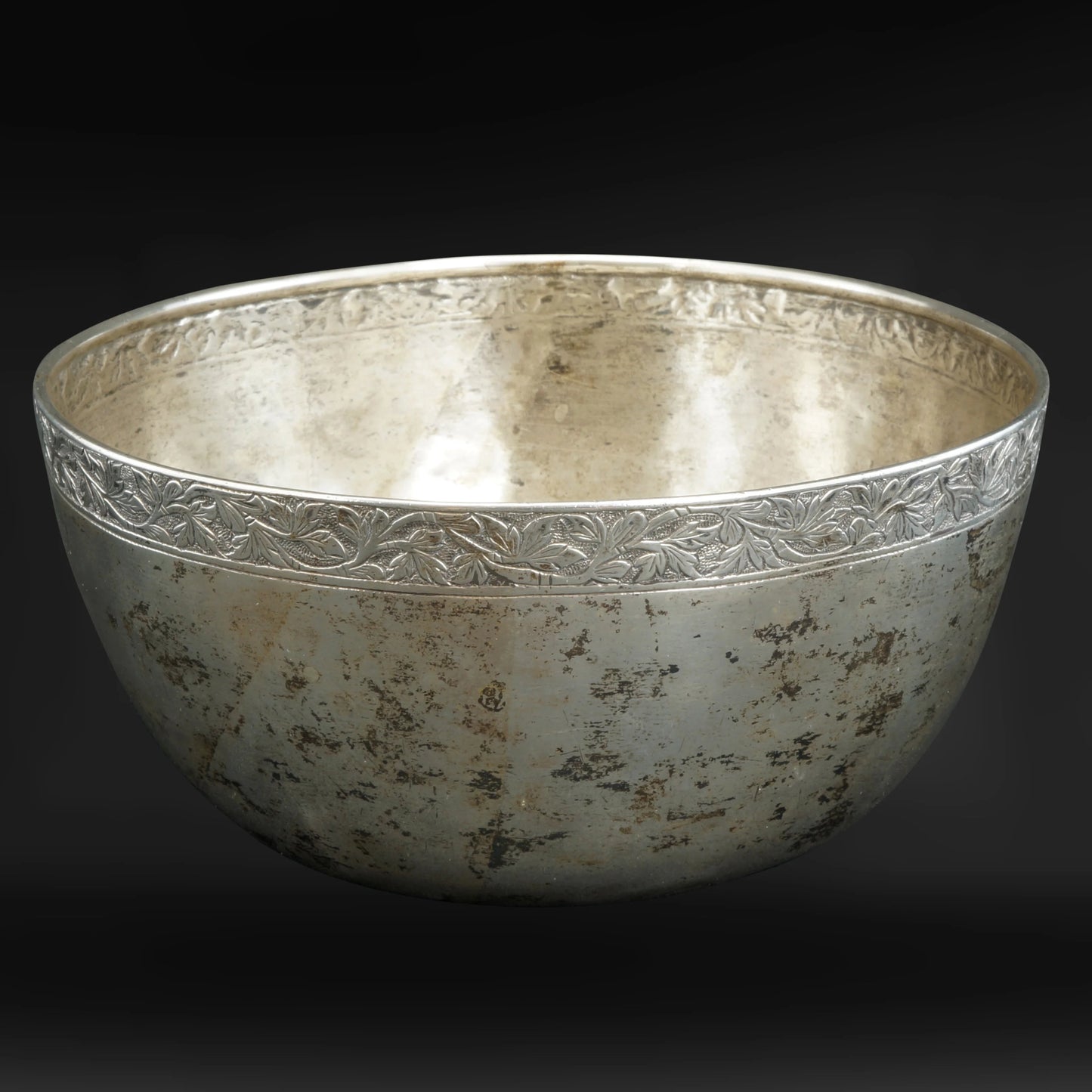 Antique Burmese Silver Bowl with Foliar Repoussé Rim circa 1920 - Bear and Raven Antiques