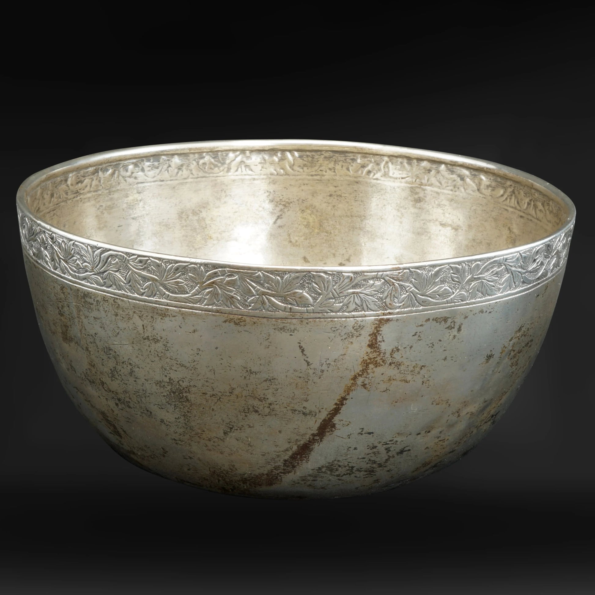 Antique Burmese Silver Bowl with Foliar Repoussé Rim circa 1920 - Bear and Raven Antiques