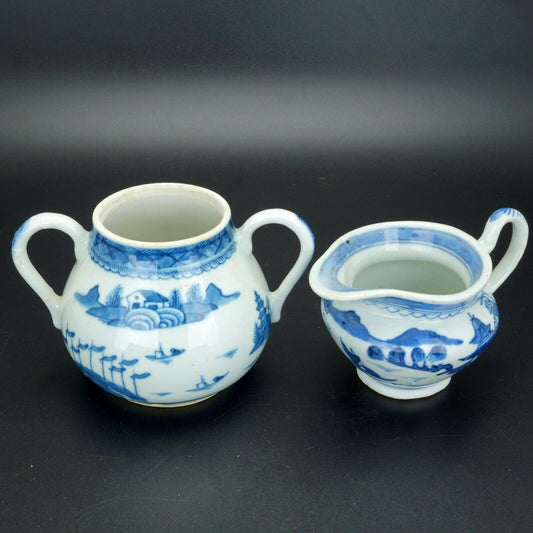 Chinese 18th/19th C Canton ware blue and white porcelain cream and sugar - Bear and Raven Antiques