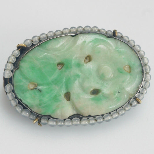Chinese Apple Green Carved Jade and Sterling Silver Pin circa 1920 - Bear and Raven Antiques