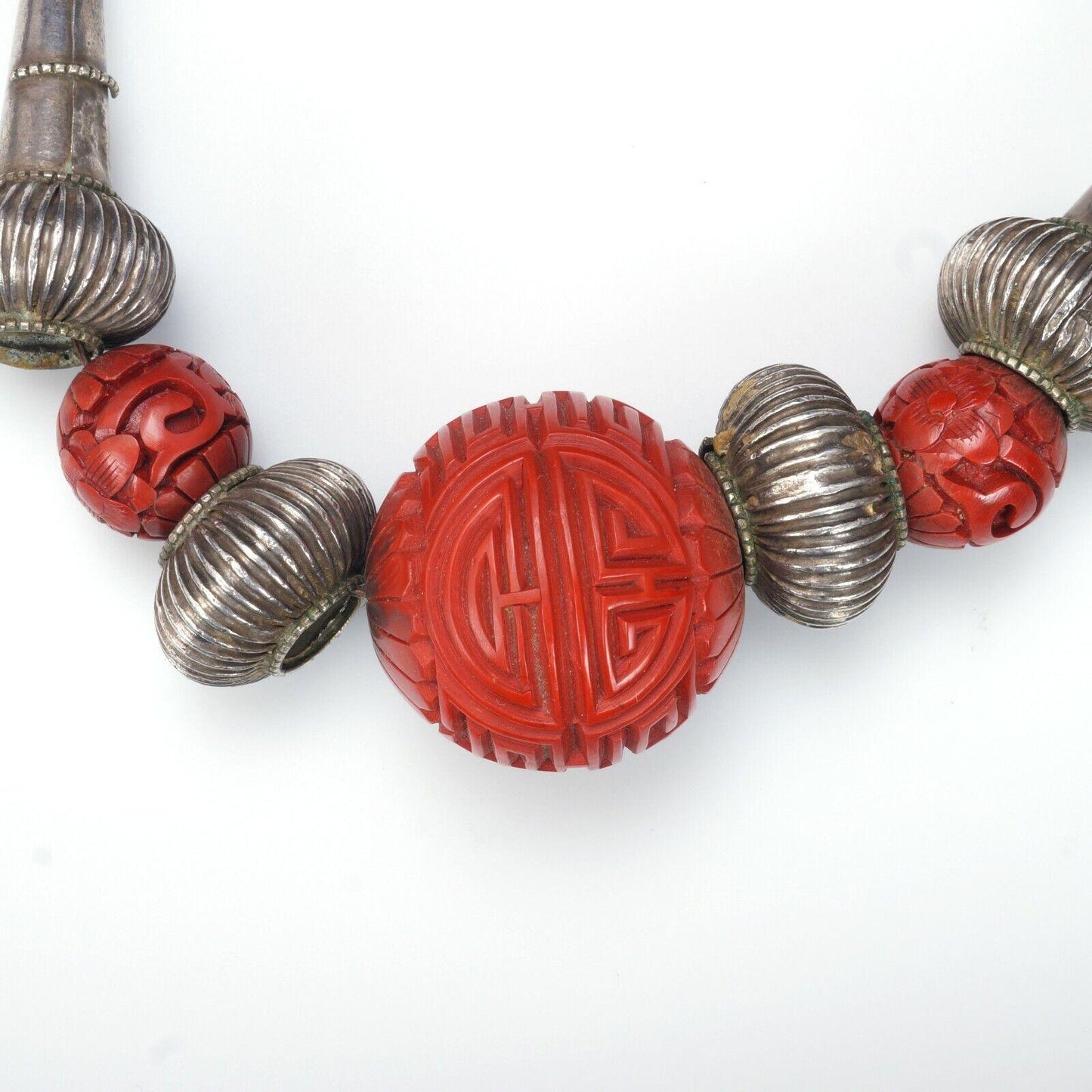 Chinese Cinnabar and Silver Plate Tibetan Tribal Necklace Antique Silver Beads - Bear and Raven Antiques