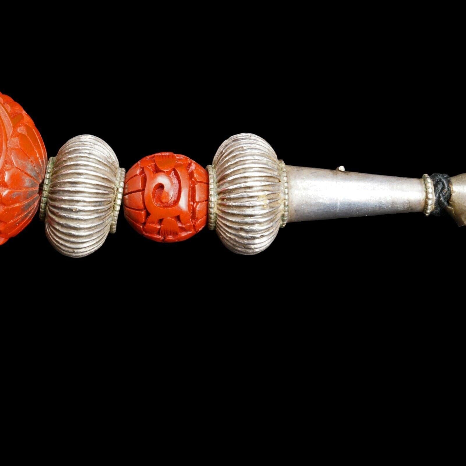 Chinese Cinnabar and Silver Plate Tibetan Tribal Necklace Antique Silver Beads - Bear and Raven Antiques