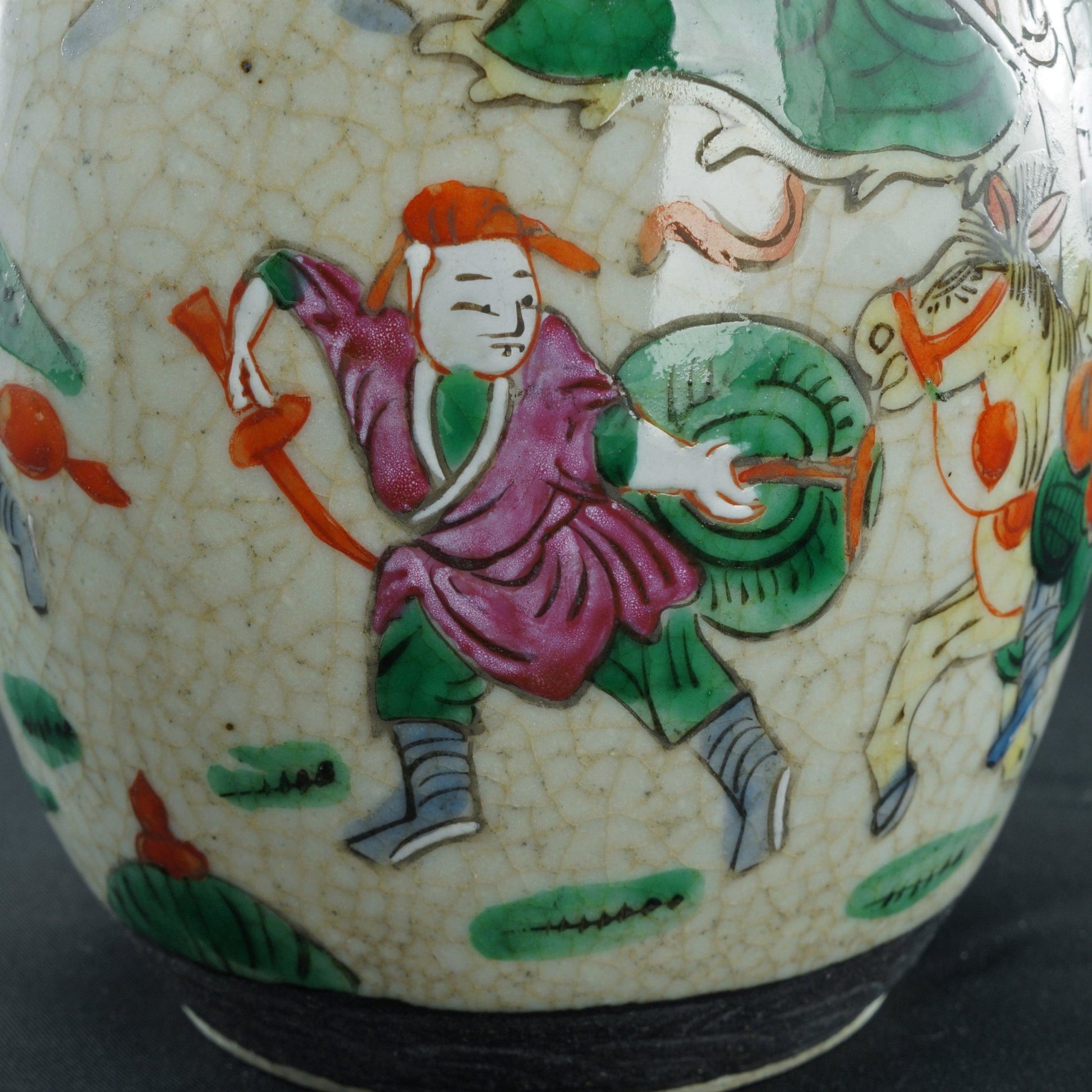 Chinese Crackle Polychrome Oatmeal Ginger Jar with Warriors Republic Period - Bear and Raven Antiques