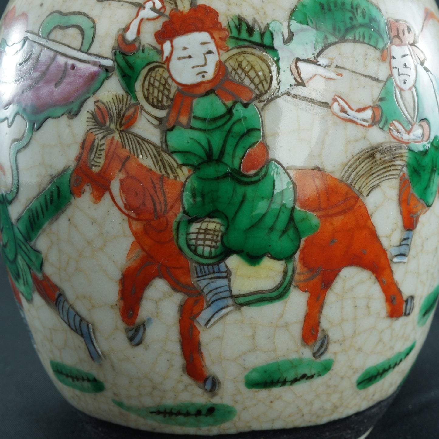 Chinese Crackle Polychrome Oatmeal Ginger Jar with Warriors Republic Period - Bear and Raven Antiques