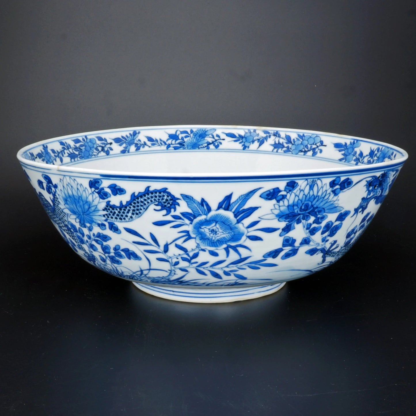 Chinese Large Blue and White Bowl Kangxi Reign Mark 19th Century - Bear and Raven Antiques