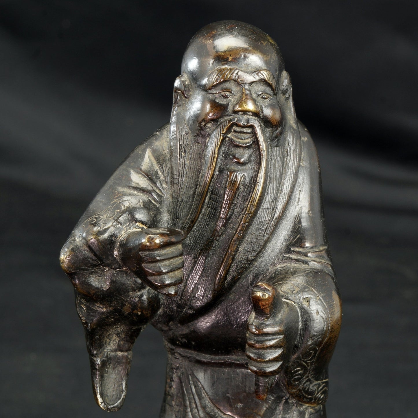 Chinese Ming Bronze Fuxi Figure with Fish - Bear and Raven Antiques