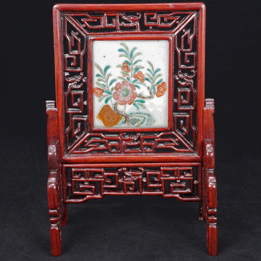 Chinese Painted Porcelain and Rosewood Table Screen Republic Period - Bear and Raven Antiques