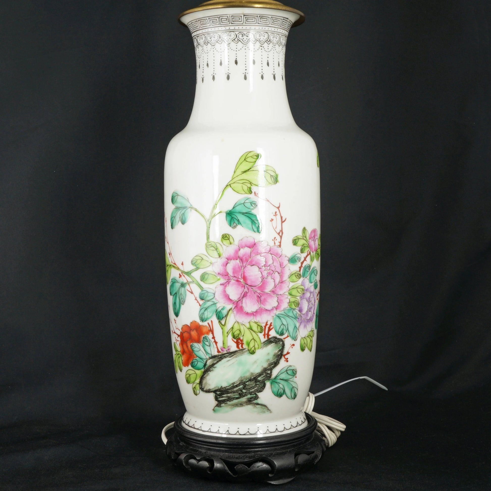 Chinese Polychrome Peony Vase Lamp Republic Period - Bear and Raven Antiques