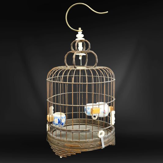 Chinese Qing/Republic Bamboo Birdcage with Porcelain Feeders - Bear and Raven Antiques