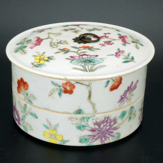 Chinese Republic Famille rose stacking box with floral design and lid c 1920s - Bear and Raven Antiques