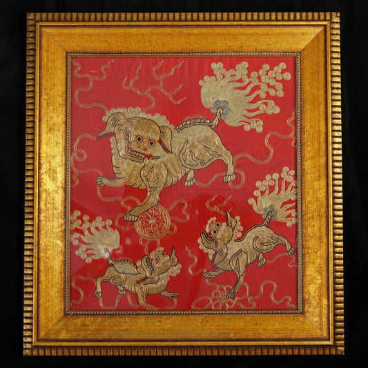 Framed Chinese Embroidery Foo Lions Late Qing/Republic - Bear and Raven Antiques