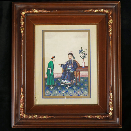 Framed Chinese Pith Painting Mandarin and Servant Early 19th Century - Bear and Raven Antiques
