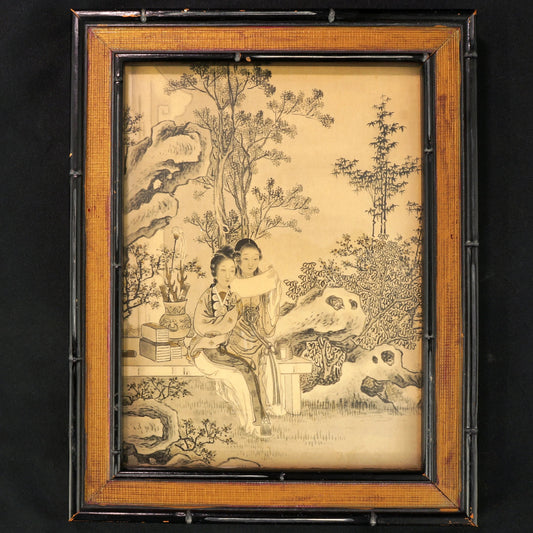 Framed Chinese Print of Beauties in a Garden Circa 1920 - Bear and Raven Antiques