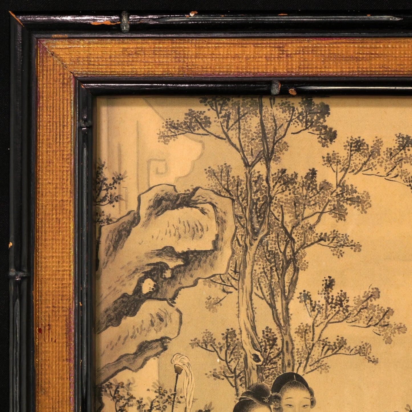 Framed Chinese Print of Beauties in a Garden Circa 1920 - Bear and Raven Antiques