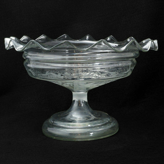 Handblown Antique Etched Glass Compote Bowl Centerpiece 19th Century - Bear and Raven Antiques