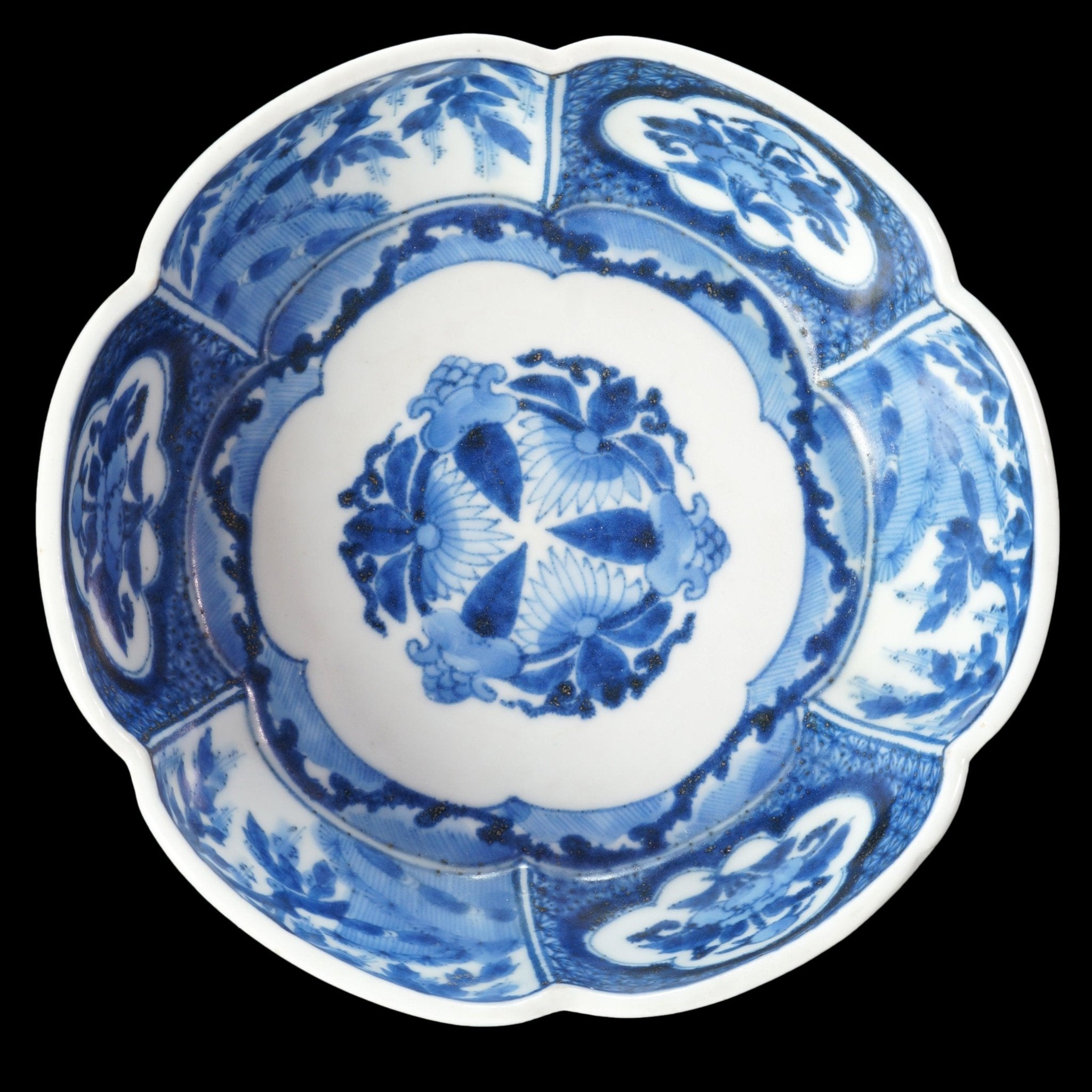 Japanese 19th C Blue and White Imari Lobed Bowl Chenghua Mark