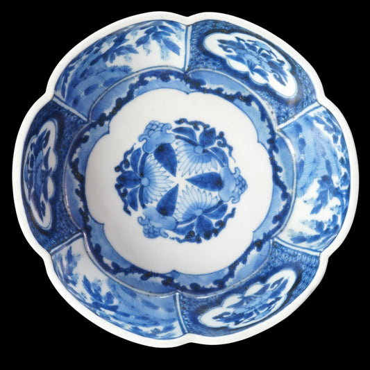 Japanese 19th C Blue and White Imari Lobed Bowl Chenghua Mark - Bear and Raven Antiques