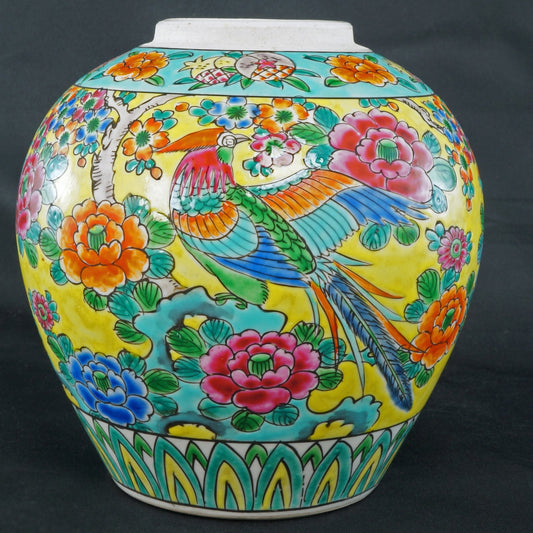 Japanese Polychrome Jar Pheasant and Phoenix Circa 1930 - Bear and Raven Antiques
