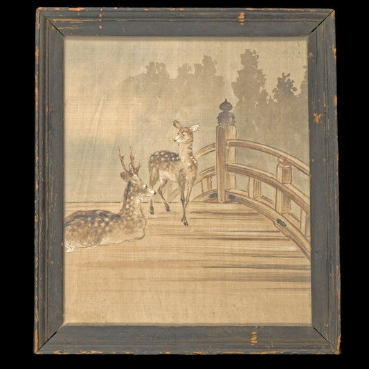 Japanese Silk Painting of Deer at Temple Meiji Period - Bear and Raven Antiques