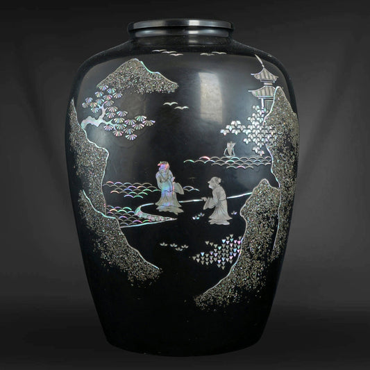 Korean Lacquer Mother of Pearl Vase Temple and Scholars Circa 1920 - Bear and Raven Antiques