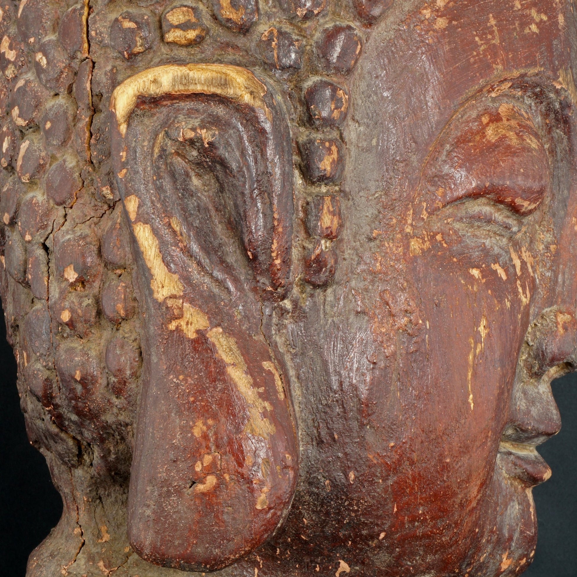 Large Antique Buddha Head Lacquer and Wood 19th Century - Bear and Raven Antiques