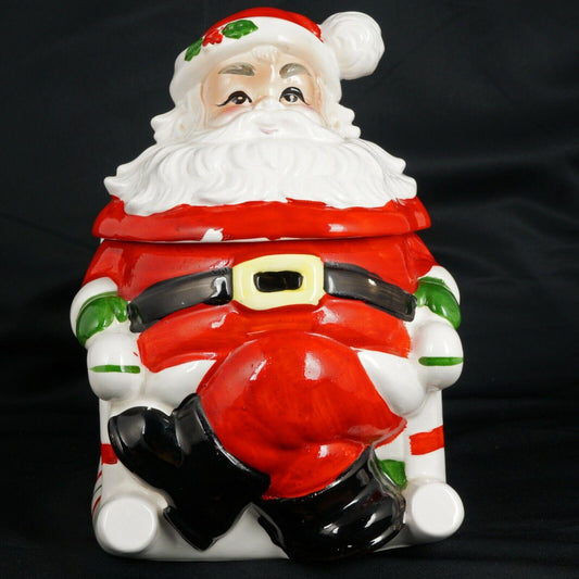 Mid-Century Lefton Christmas Santa Claus Cookie Jar in Candy Cane Rocker - Bear and Raven Antiques