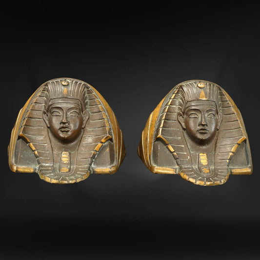 Pair of Egyptian Revival Pharaoh Face Bookends Gilded Bronze Circa 1935 - Bear and Raven Antiques