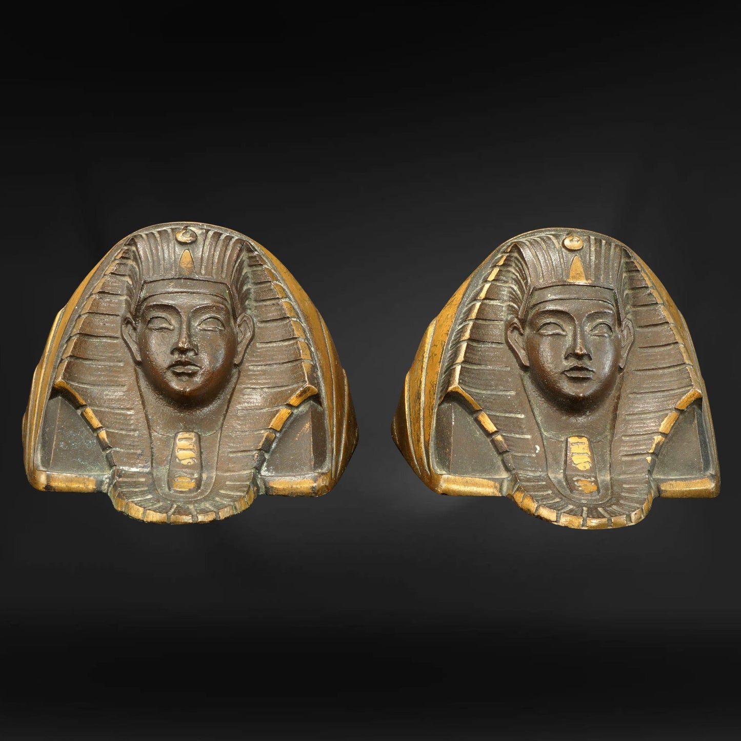 Pair of Egyptian Revival Pharaoh Face Bookends Gilded Bronze Circa 1935 - Bear and Raven Antiques