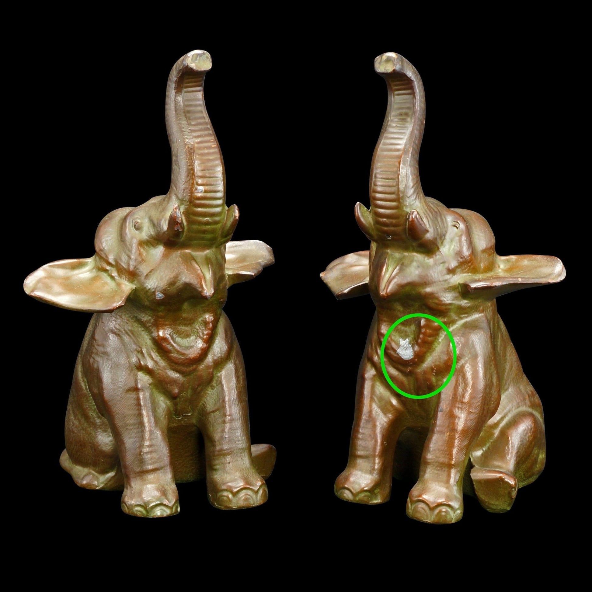 Pair of Happy Elephants Raised Trunk Bookends Nuart Creations 1930 - Bear and Raven Antiques