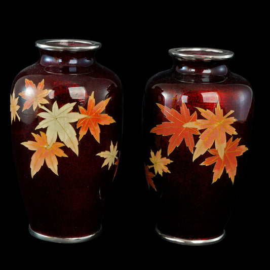 Pair of Mid Century Ando Sato Japanese Cloisonné Maple Leaf Vases - Bear and Raven Antiques