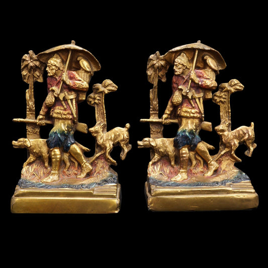 Pair of Pompeian Polychrome Bronze Robinson Crusoe Bookends Circa 1915 - Bear and Raven Antiques