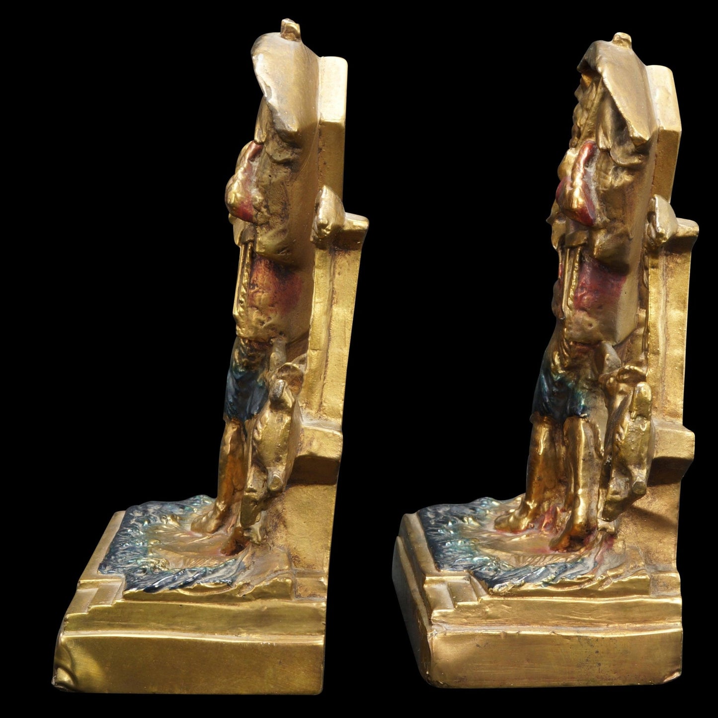 Pair of Pompeian Polychrome Bronze Robinson Crusoe Bookends Circa 1915 - Bear and Raven Antiques