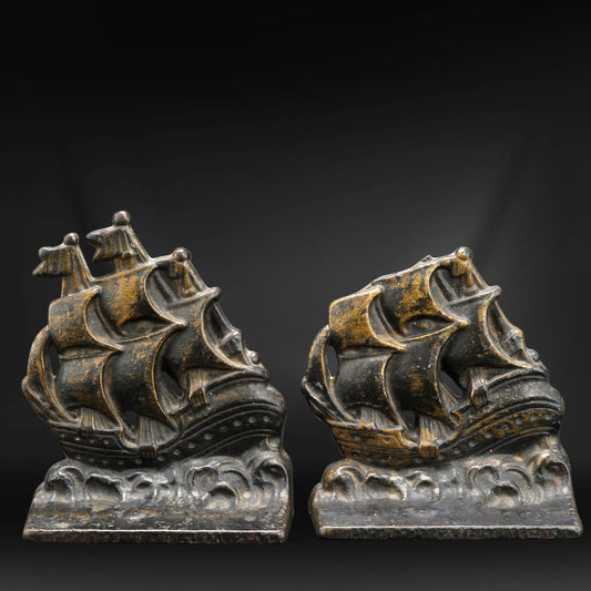Pair of Sailing Ship Cast Iron Bookends Verona Circa 1925 - Bear and Raven Antiques