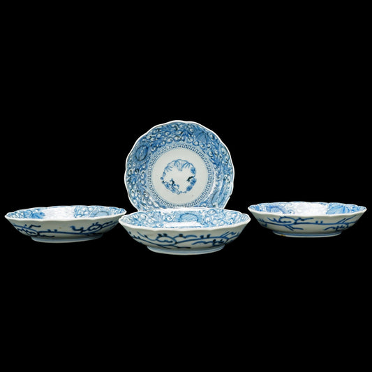 Set of Four Japanese Arita Three Friends Blue and White Shallow Bowls Meiji Period - Bear and Raven Antiques