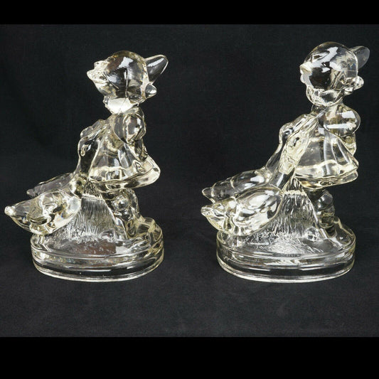 Up to Her Neck in Geese Glass Bookends Circa 1950 - Bear and Raven Antiques