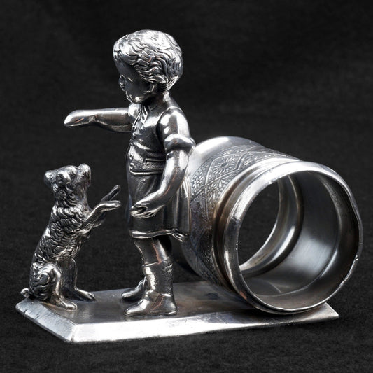 Victorian Child with Begging Dog Napkin Ring by Meriden Circa 1870 - Bear and Raven Antiques